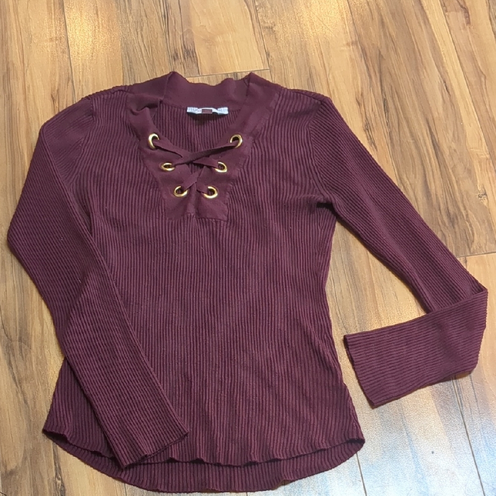 No Boundaries Maroon Lace-Up Ribbed Long Sleeve Top